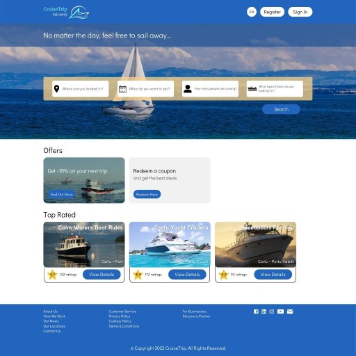Website landing page of a boat rental marketplace