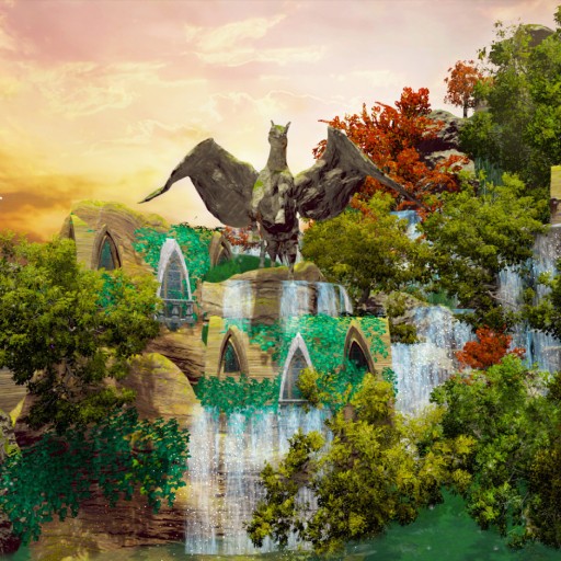 A fantasy landscape of an elven palace by the waterfalls